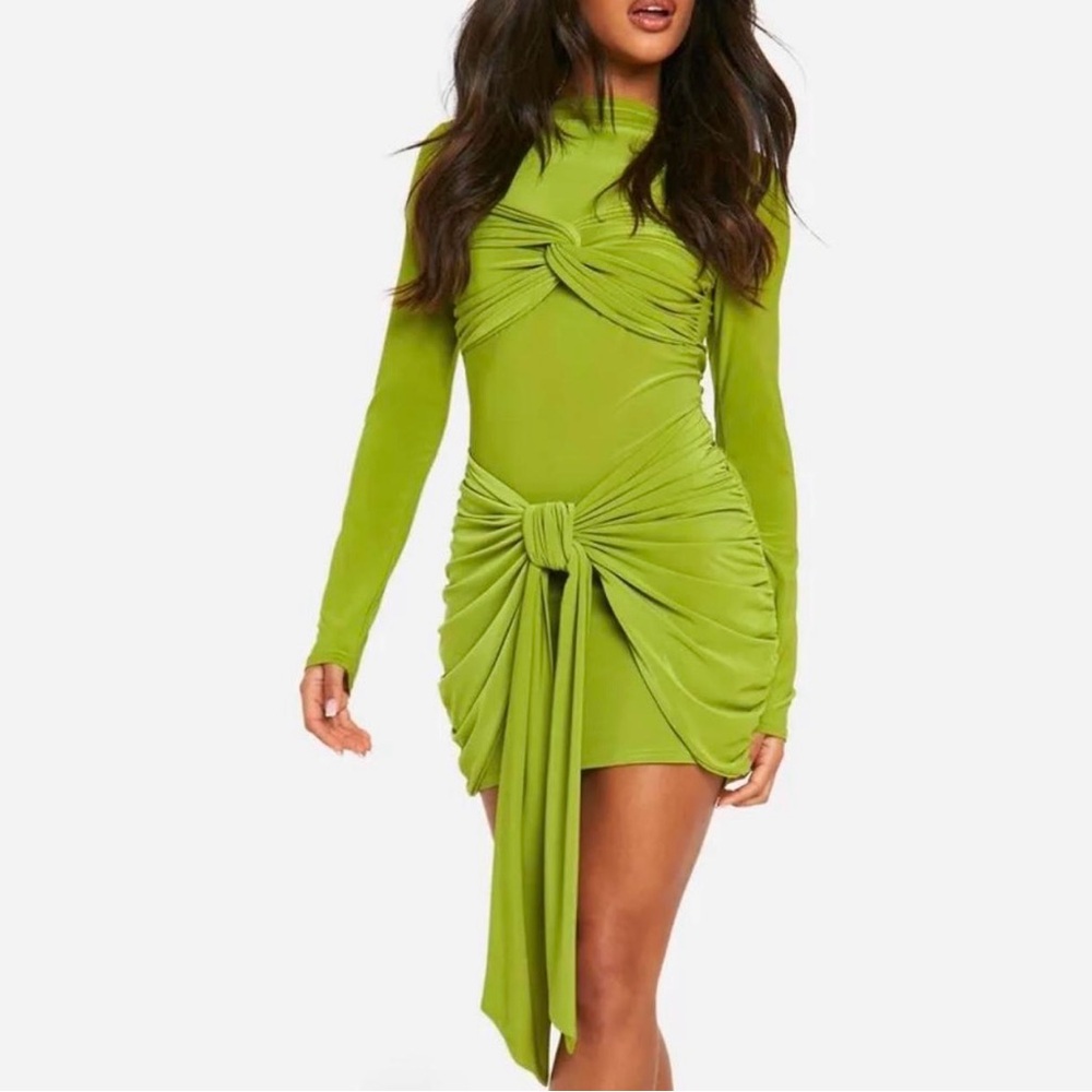 Boohoo Green Asymmetrical Ruched Bodycon Dress